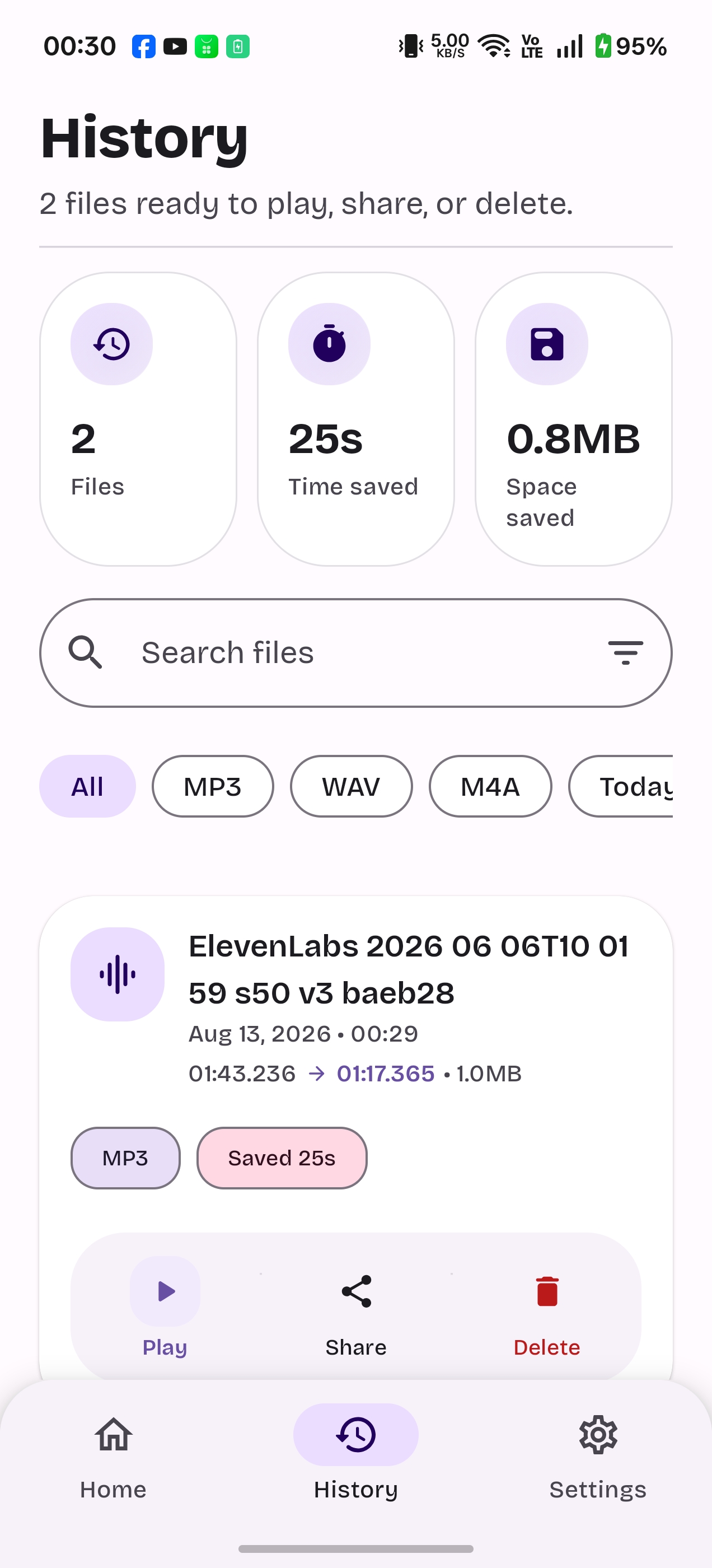 AutoTrim history — trimmed files ready to play, share, or delete
