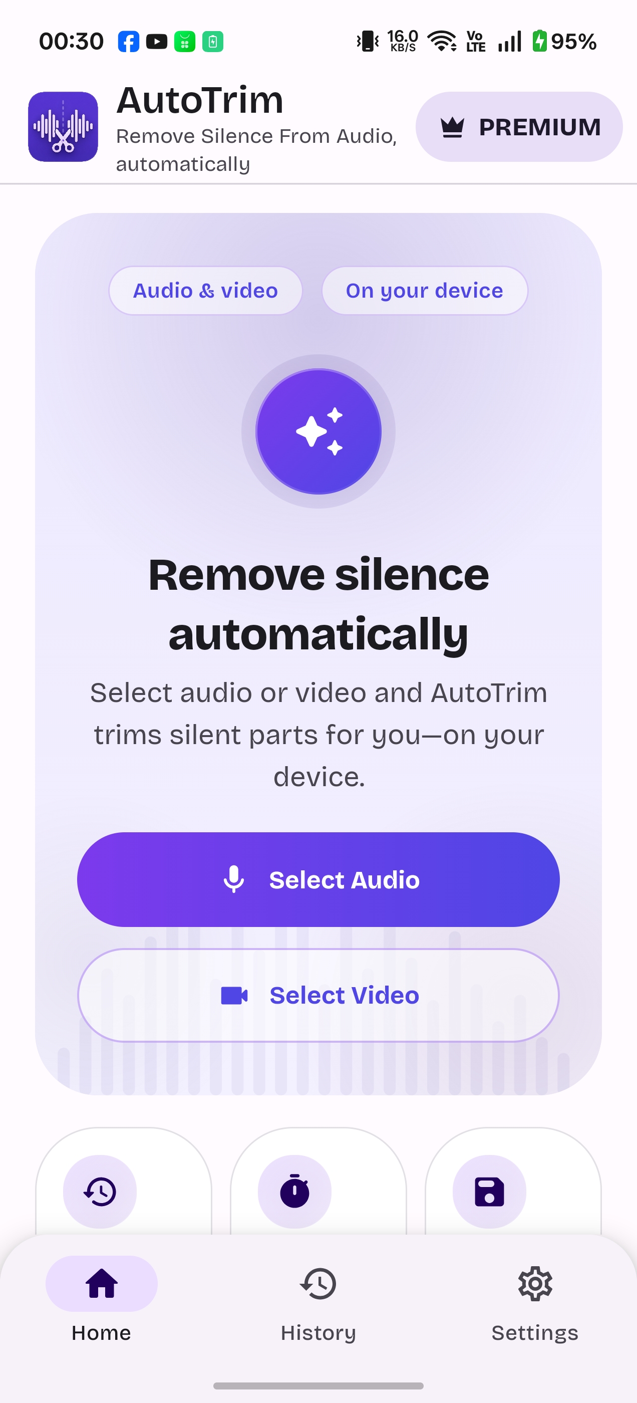 AutoTrim home screen — select audio or video to remove silence automatically