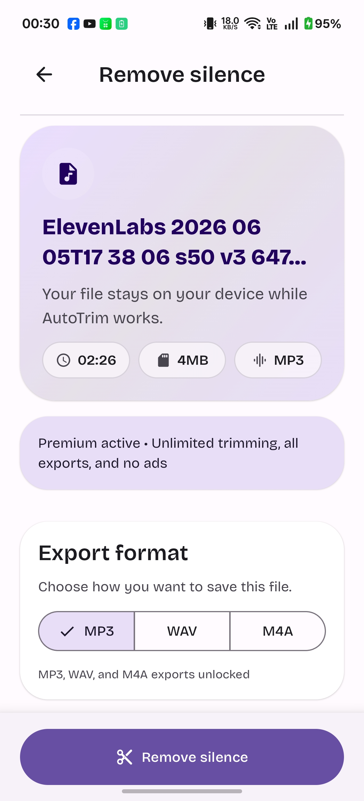 AutoTrim remove silence screen — choose export format and start trimming